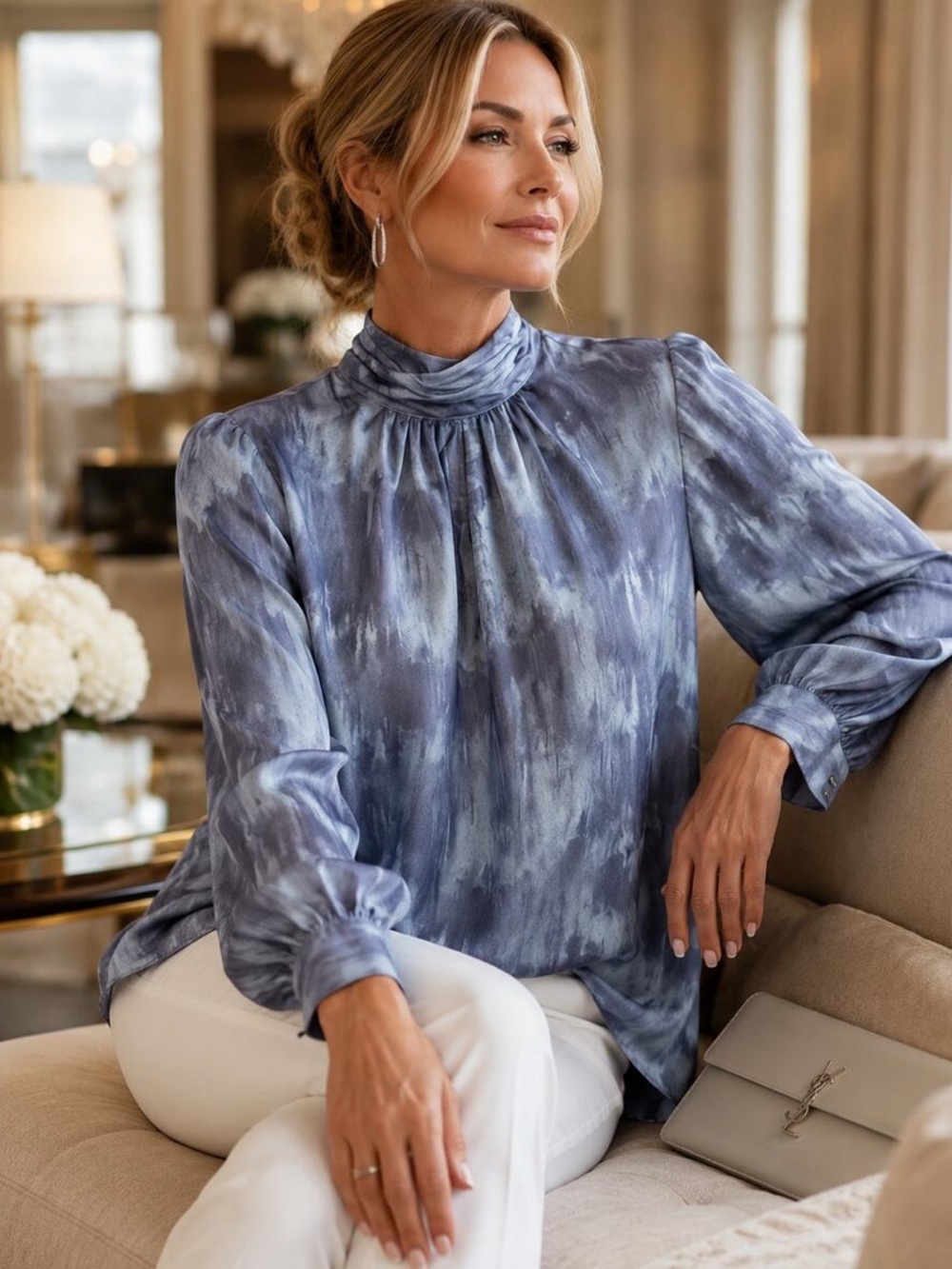NWOT White House | Black Market - Blue Keyhole Mock Neck Longsleeve Blouse